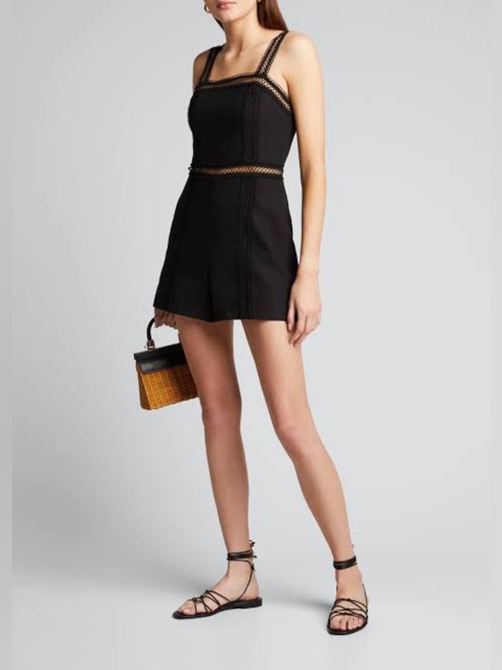 Alice + Olivia Glenda Square Neck Linen Blend Lace Trim Romper Black Size 6